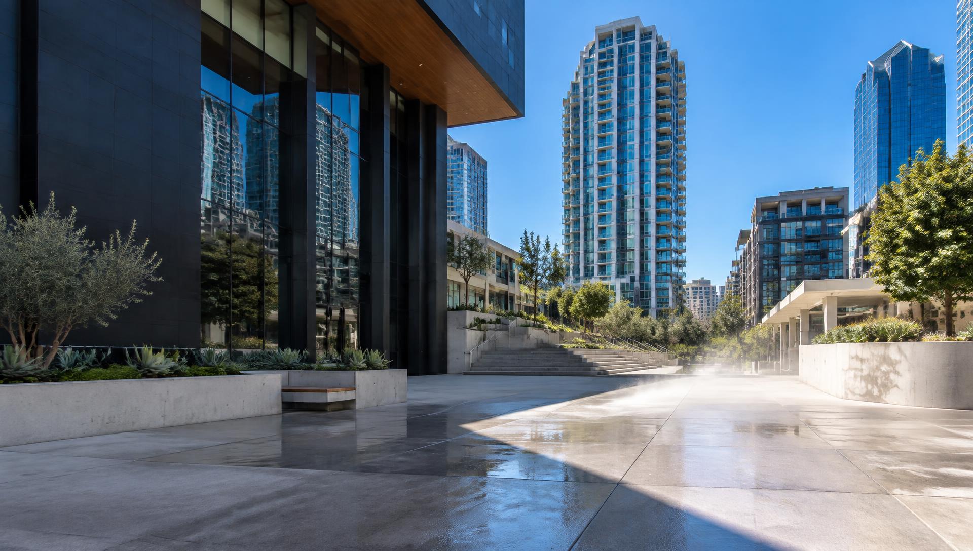 Freshly cleaned concrete plaza among modern San Diego high-rises